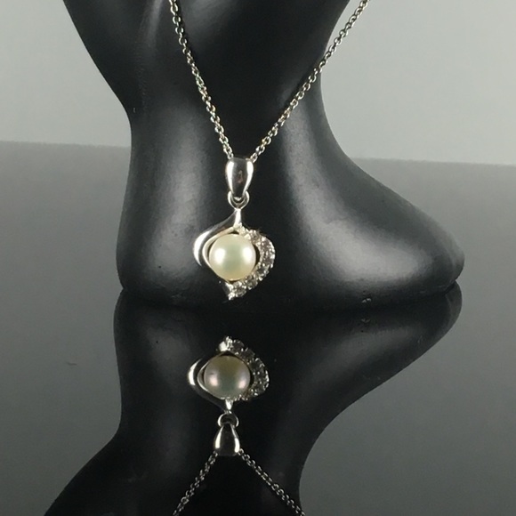925 Silver Necklace Pearl & CZ Crystal Rhinestone - Picture 5 of 8
